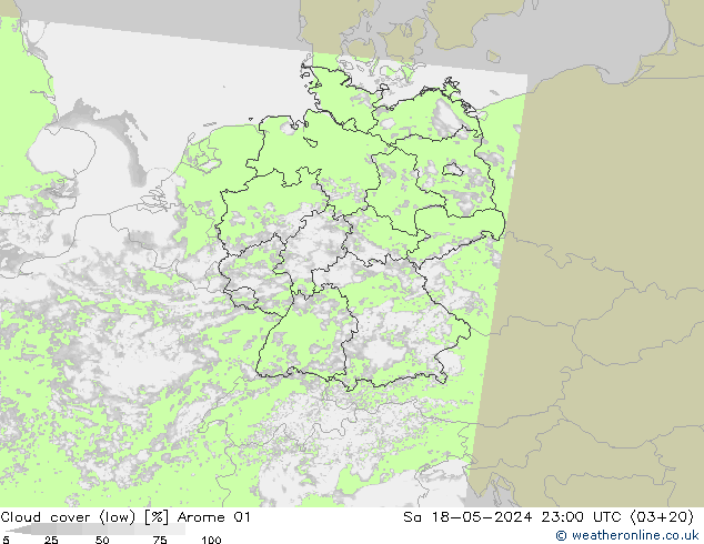 Cloud cover (low) Arome 01 Sa 18.05.2024 23 UTC