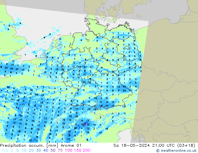 Totale neerslag Arome 01 za 18.05.2024 21 UTC