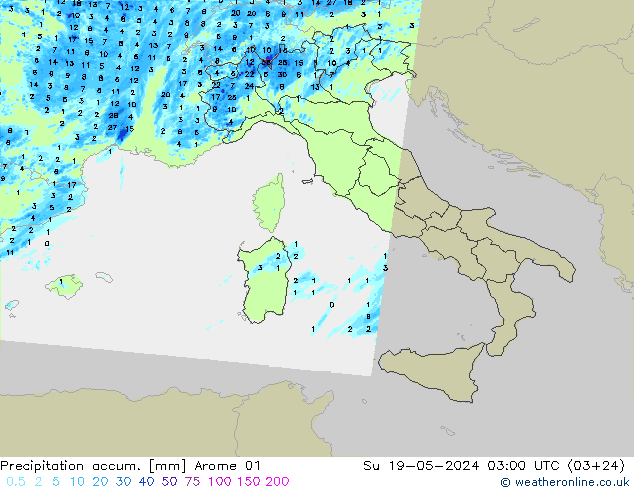 Precipitation accum. Arome 01 Dom 19.05.2024 03 UTC