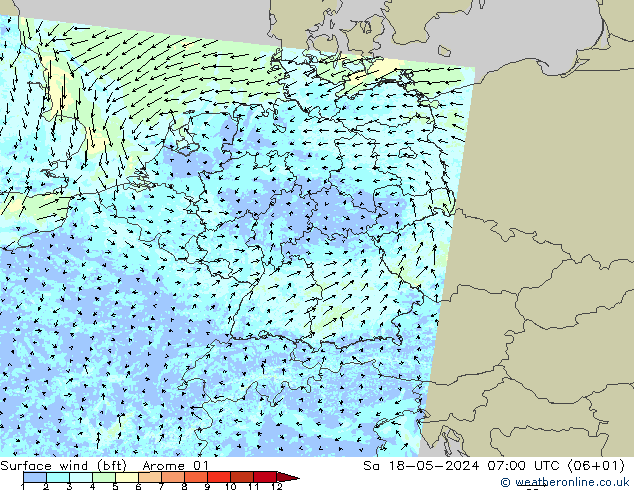 Surface wind (bft) Arome 01 So 18.05.2024 07 UTC