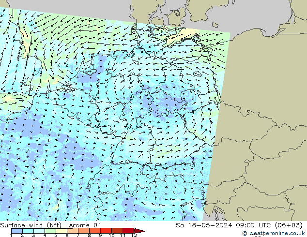 Wind 10 m (bft) Arome 01 za 18.05.2024 09 UTC