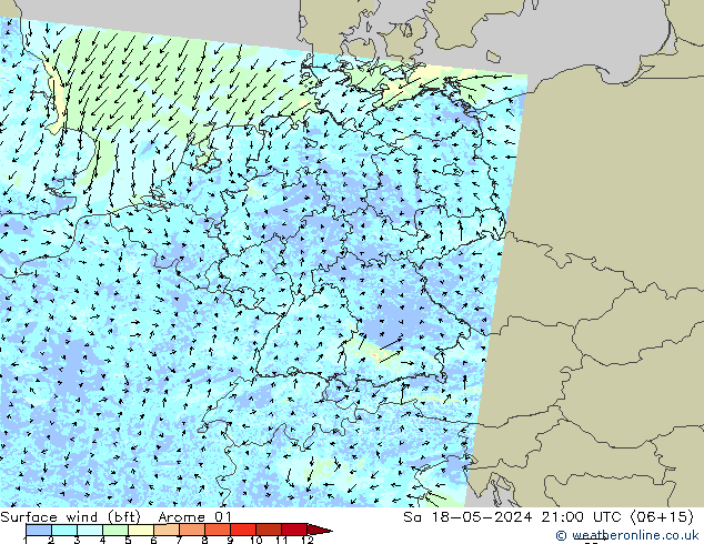 Wind 10 m (bft) Arome 01 za 18.05.2024 21 UTC