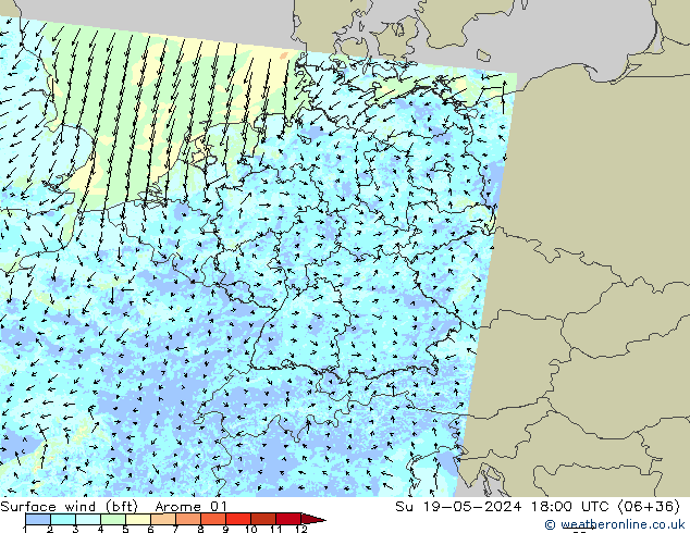 Wind 10 m (bft) Arome 01 zo 19.05.2024 18 UTC