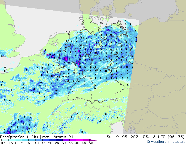Precipitation (12h) Arome 01 Su 19.05.2024 18 UTC