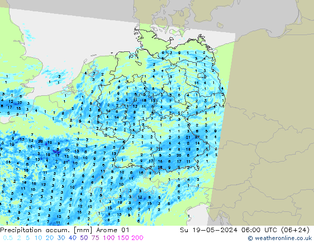 Toplam Yağış Arome 01 Paz 19.05.2024 06 UTC