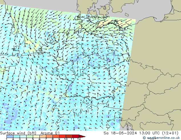 Wind 10 m (bft) Arome 01 za 18.05.2024 13 UTC
