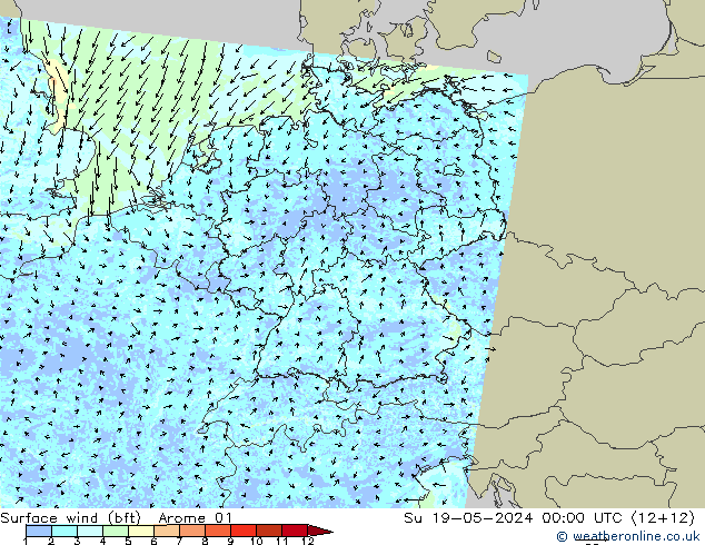 Wind 10 m (bft) Arome 01 zo 19.05.2024 00 UTC
