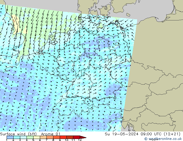 Rüzgar 10 m (bft) Arome 01 Paz 19.05.2024 09 UTC