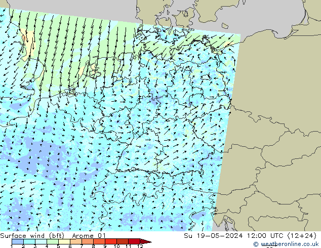 Wind 10 m (bft) Arome 01 zo 19.05.2024 12 UTC