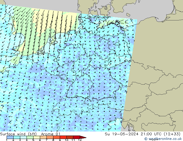 Bodenwind (bft) Arome 01 So 19.05.2024 21 UTC