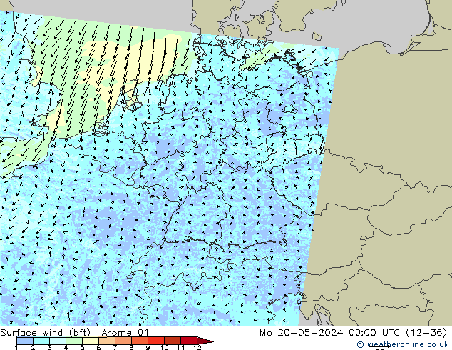 wiatr 10 m (bft) Arome 01 pon. 20.05.2024 00 UTC