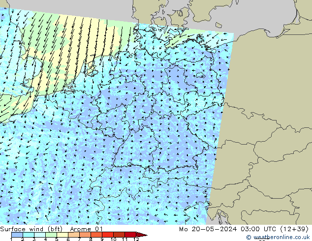 Surface wind (bft) Arome 01 Mo 20.05.2024 03 UTC