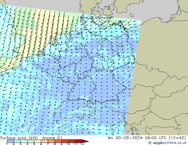 Surface wind (bft) Arome 01 Po 20.05.2024 06 UTC