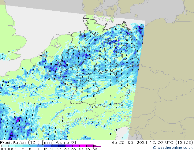 Precipitation (12h) Arome 01 Mo 20.05.2024 00 UTC
