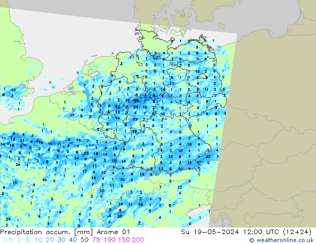 Precipitation accum. Arome 01 Su 19.05.2024 12 UTC