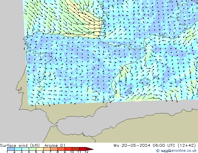 Wind 10 m (bft) Arome 01 ma 20.05.2024 06 UTC