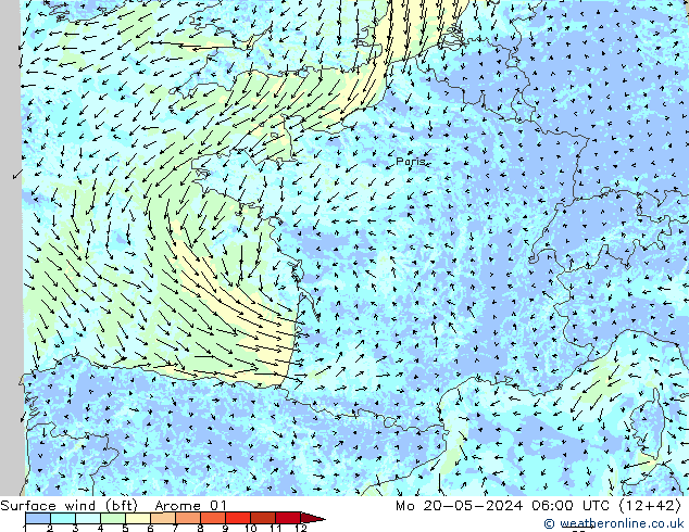 Wind 10 m (bft) Arome 01 ma 20.05.2024 06 UTC