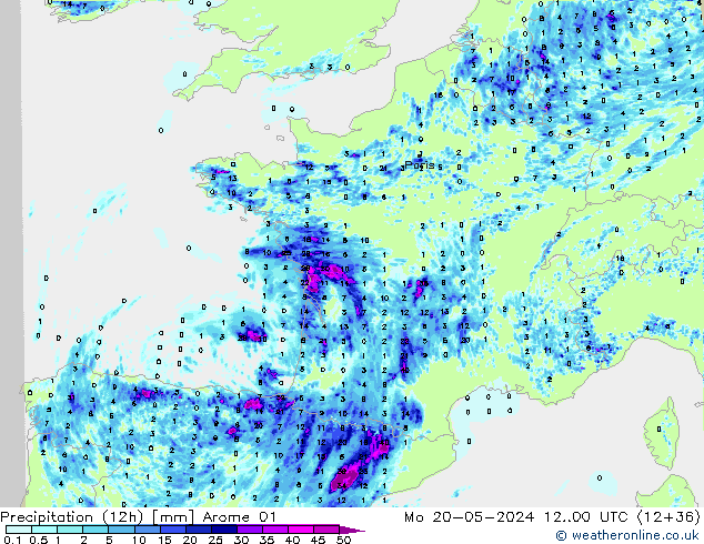 Precipitation (12h) Arome 01 Mo 20.05.2024 00 UTC