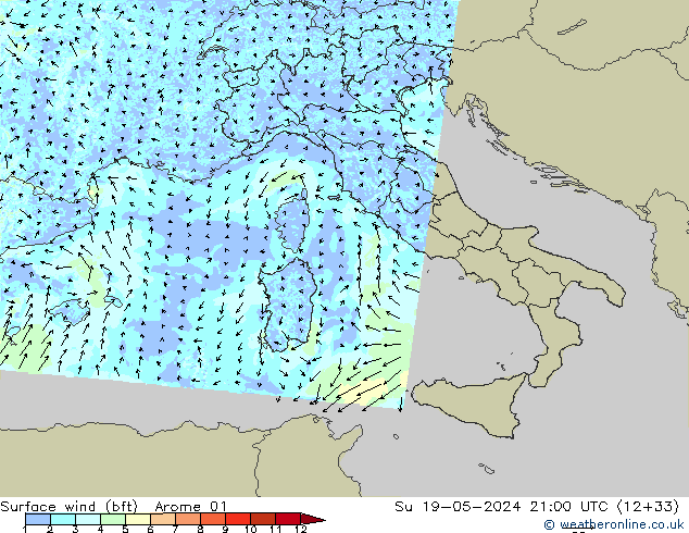 Surface wind (bft) Arome 01 Su 19.05.2024 21 UTC