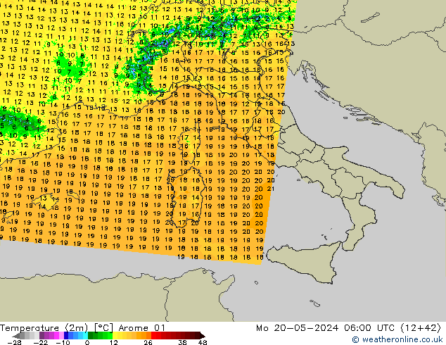 Temperatuurkaart (2m) Arome 01 ma 20.05.2024 06 UTC