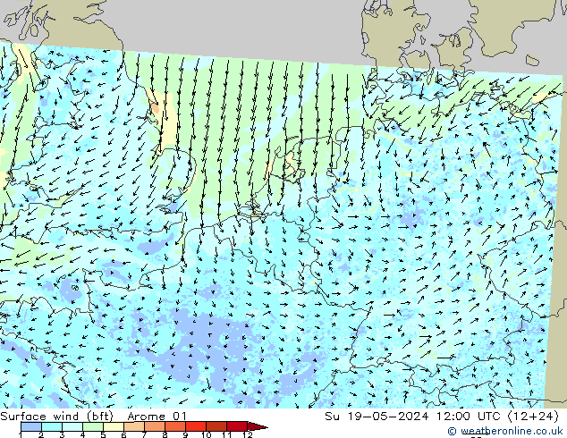 Surface wind (bft) Arome 01 Ne 19.05.2024 12 UTC