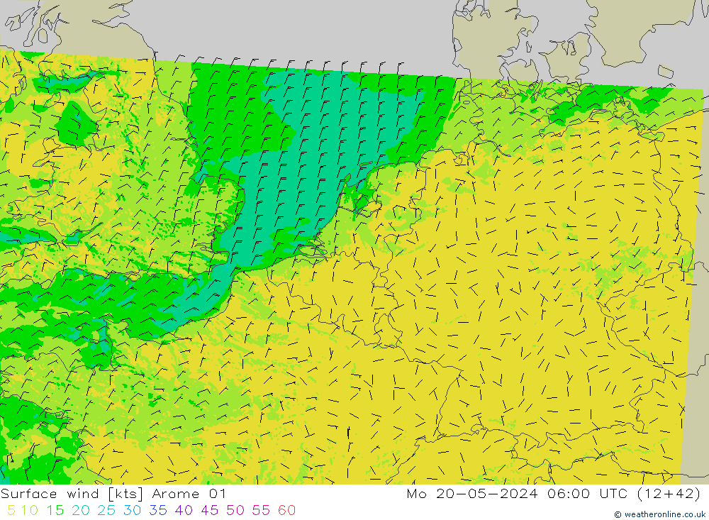 wiatr 10 m Arome 01 pon. 20.05.2024 06 UTC