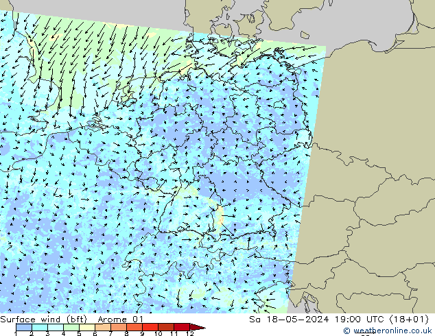 wiatr 10 m (bft) Arome 01 so. 18.05.2024 19 UTC