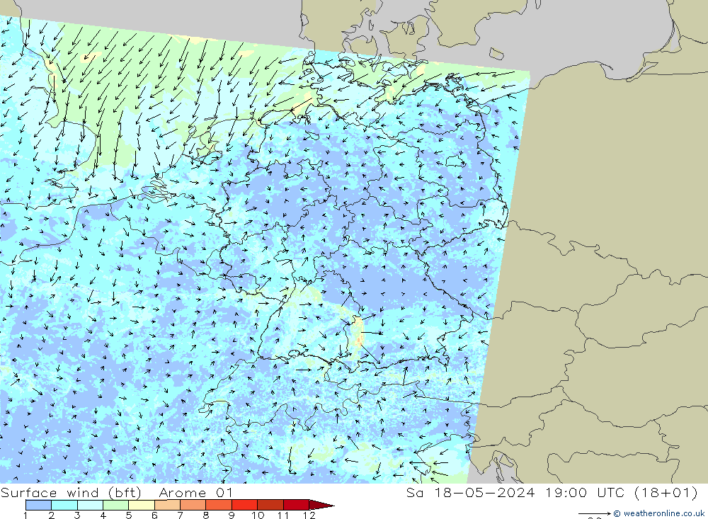 Wind 10 m (bft) Arome 01 za 18.05.2024 19 UTC
