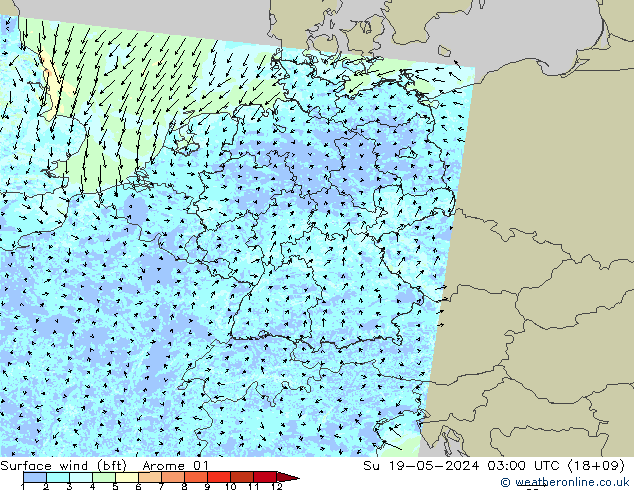 wiatr 10 m (bft) Arome 01 nie. 19.05.2024 03 UTC