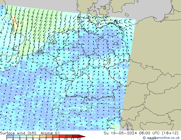 Wind 10 m (bft) Arome 01 zo 19.05.2024 06 UTC