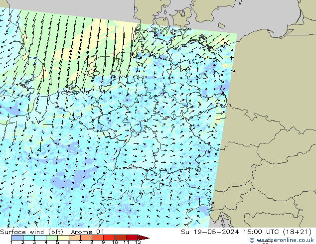 wiatr 10 m (bft) Arome 01 nie. 19.05.2024 15 UTC
