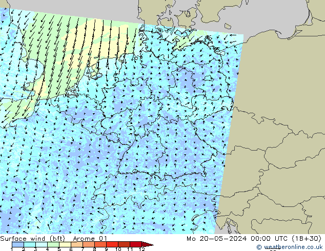 Wind 10 m (bft) Arome 01 ma 20.05.2024 00 UTC