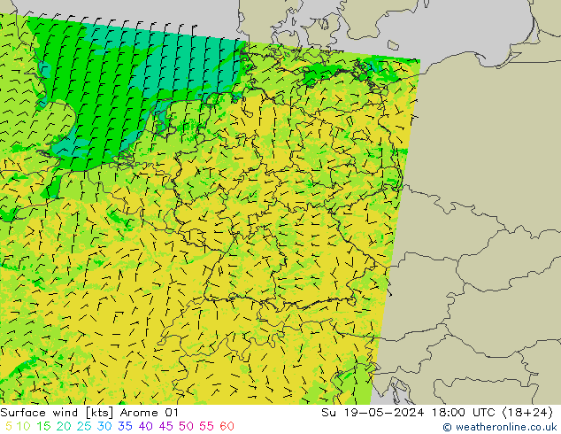 wiatr 10 m Arome 01 nie. 19.05.2024 18 UTC