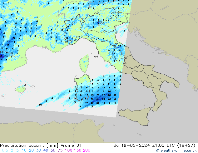 Toplam Yağış Arome 01 Paz 19.05.2024 21 UTC