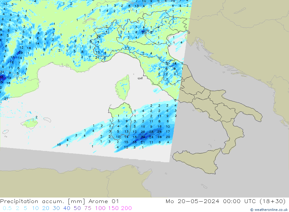Totale neerslag Arome 01 ma 20.05.2024 00 UTC