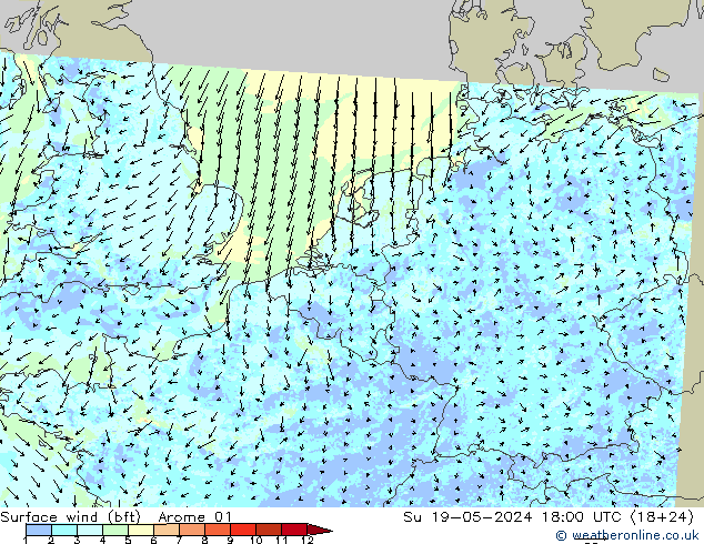 wiatr 10 m (bft) Arome 01 nie. 19.05.2024 18 UTC