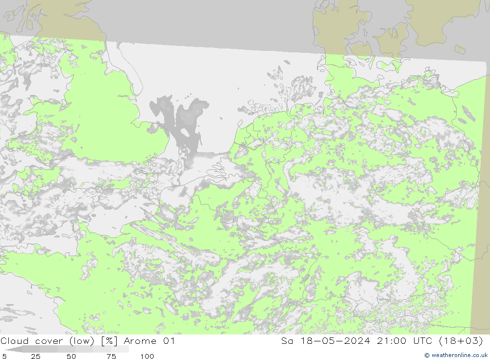 Cloud cover (low) Arome 01 Sa 18.05.2024 21 UTC