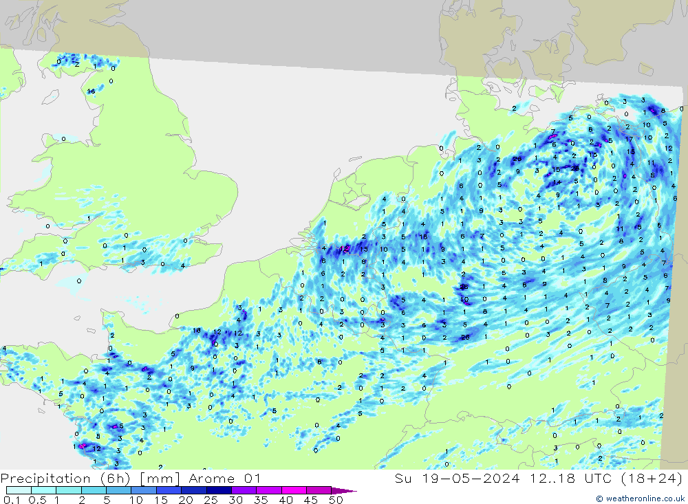 Precipitazione (6h) Arome 01 dom 19.05.2024 18 UTC