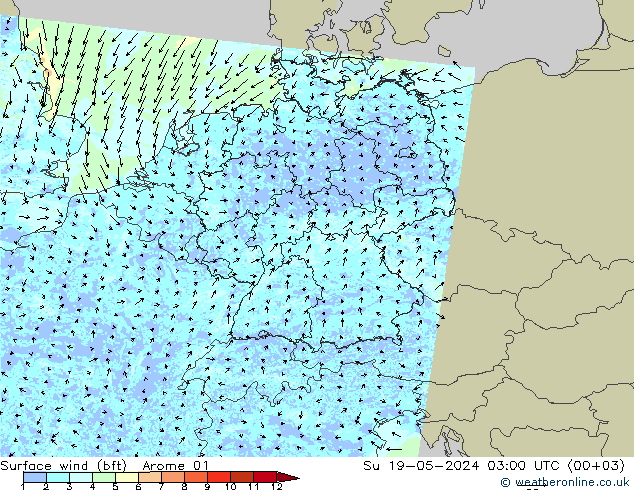 wiatr 10 m (bft) Arome 01 nie. 19.05.2024 03 UTC