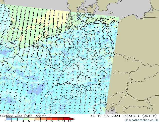 Wind 10 m (bft) Arome 01 zo 19.05.2024 15 UTC