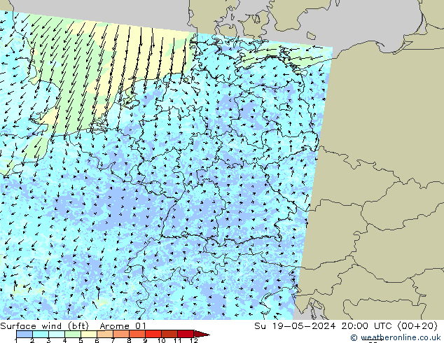 Bodenwind (bft) Arome 01 So 19.05.2024 20 UTC