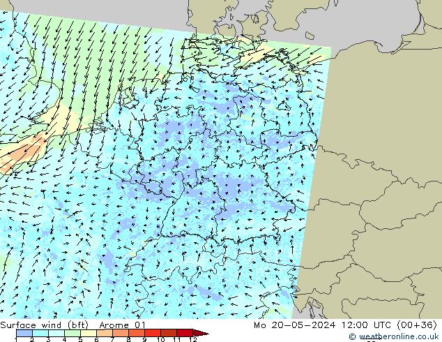 Surface wind (bft) Arome 01 Po 20.05.2024 12 UTC