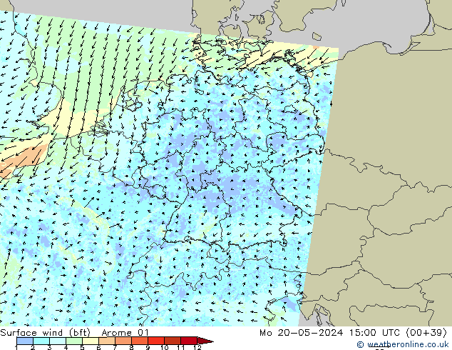 Surface wind (bft) Arome 01 Po 20.05.2024 15 UTC