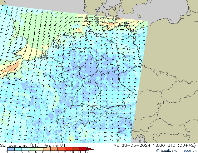 Wind 10 m (bft) Arome 01 ma 20.05.2024 18 UTC