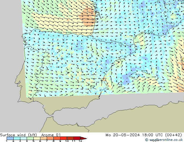 Surface wind (bft) Arome 01 Mo 20.05.2024 18 UTC