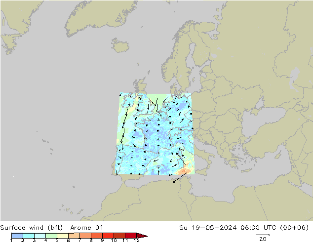 Vent 10 m (bft) Arome 01 dim 19.05.2024 06 UTC