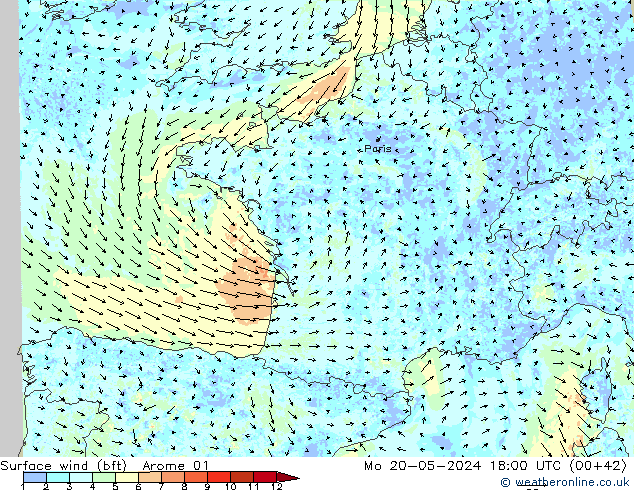 Surface wind (bft) Arome 01 Po 20.05.2024 18 UTC