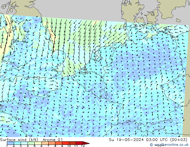 Surface wind (bft) Arome 01 Su 19.05.2024 03 UTC