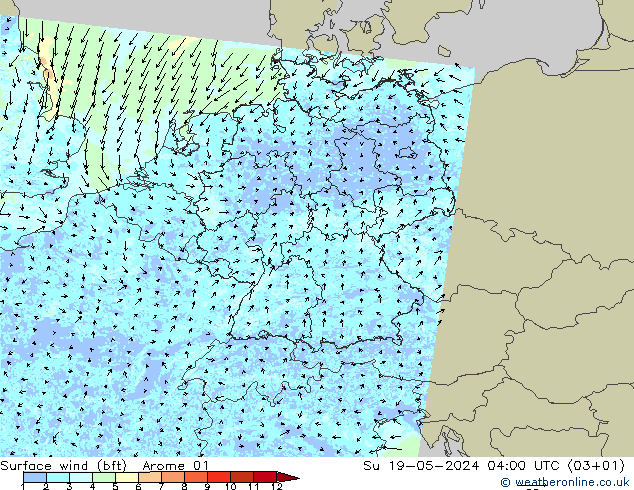 Bodenwind (bft) Arome 01 So 19.05.2024 04 UTC