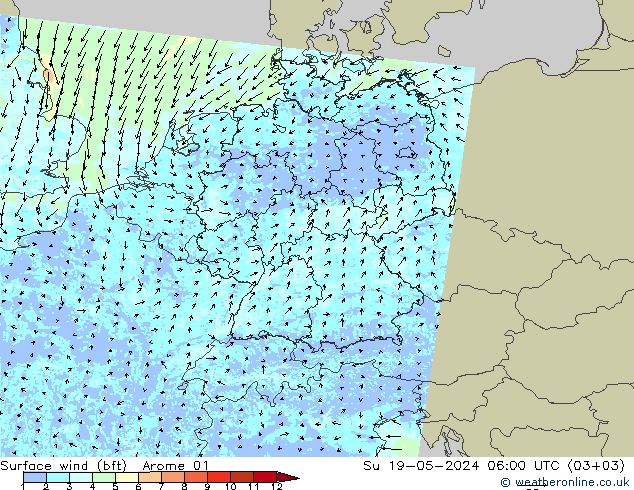 Wind 10 m (bft) Arome 01 zo 19.05.2024 06 UTC